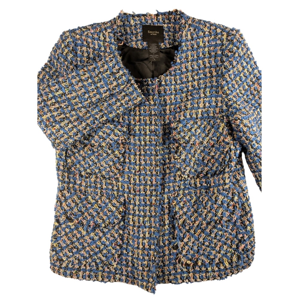 Smythe Les Vestes Boucle‎ Tweed Zip Front Jacket Womens Size 4 Blue